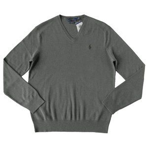 NEW Polo Ralph Lauren Pima Cotton Sweater! Heather Gray Green Polo Player V Neck